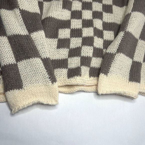 NWT Bibi Mixed Checkered Chunky Knitted Sweater Comfy Mocha Brown Beige Womens - Picture 7 of 8